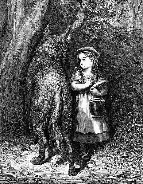 dore drawing of little red riding hood and wolf