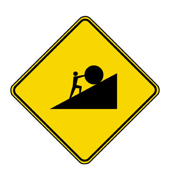 traffic sign depicting sisyphus pushing rock up incline